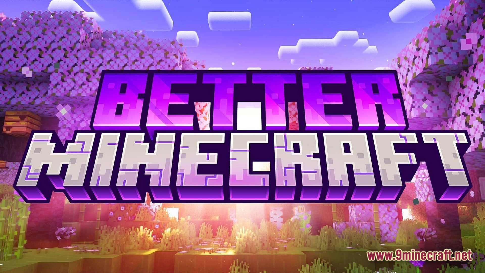Better MC FORGE BMC4 Modpack Screenshot 1 A cherry blossom forest biome at sunrise with the Better Minecraft modpack title overlay