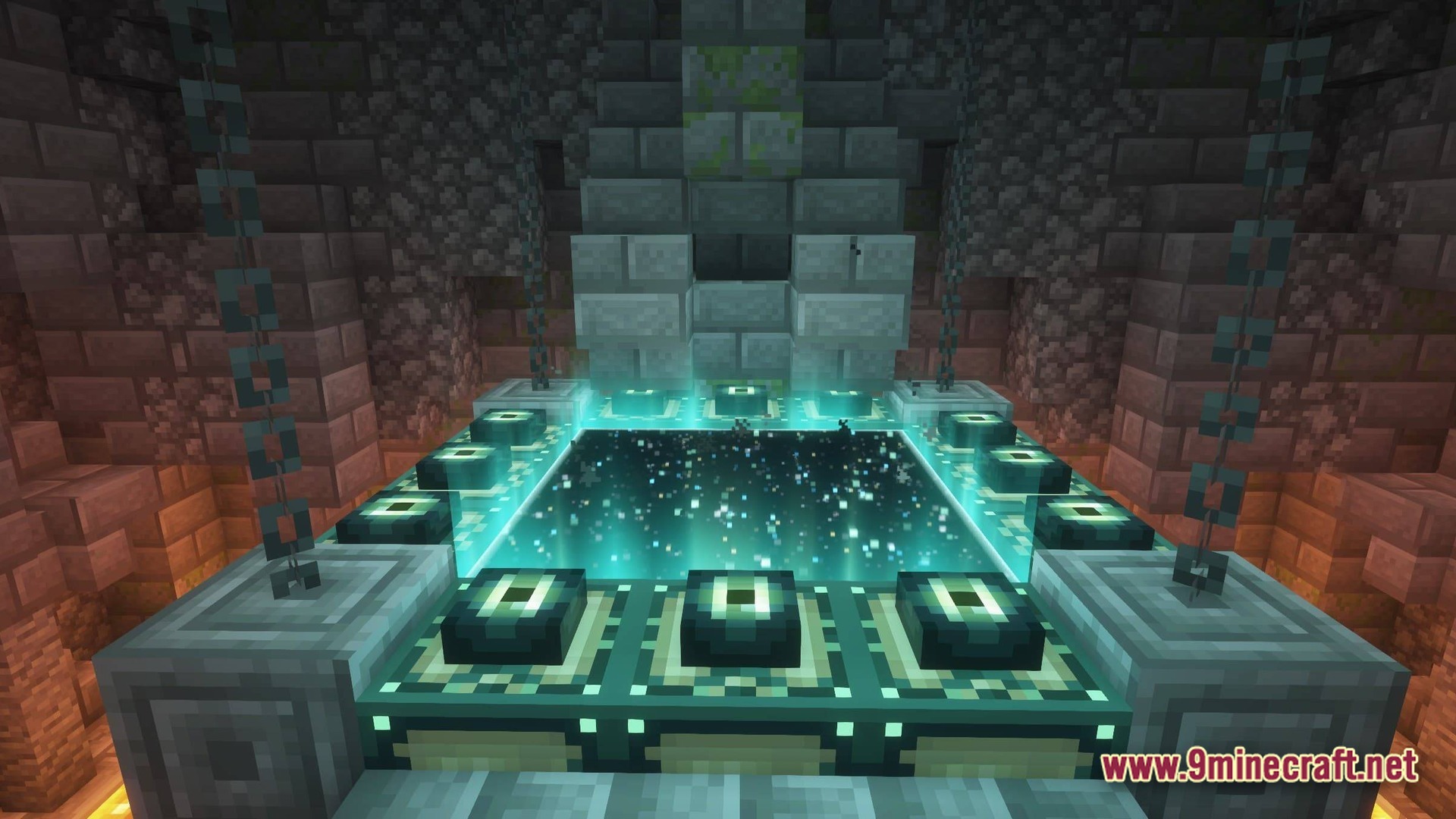 Better MC FORGE BMC4 Modpack Screenshot 3 An activated End Portal with glowing visual effects located inside a stone brick stronghold room