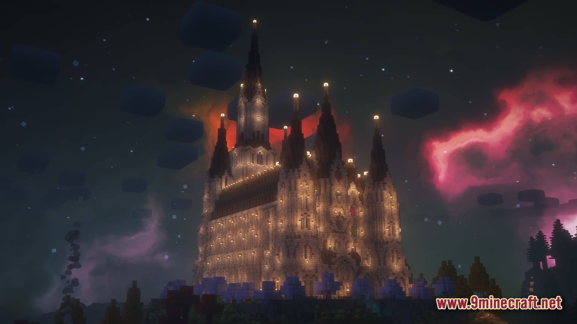 Better MC FORGE BMC4 Modpack Screenshot 5 A large gothic cathedral structure illuminated at night under a purple and red nebula sky