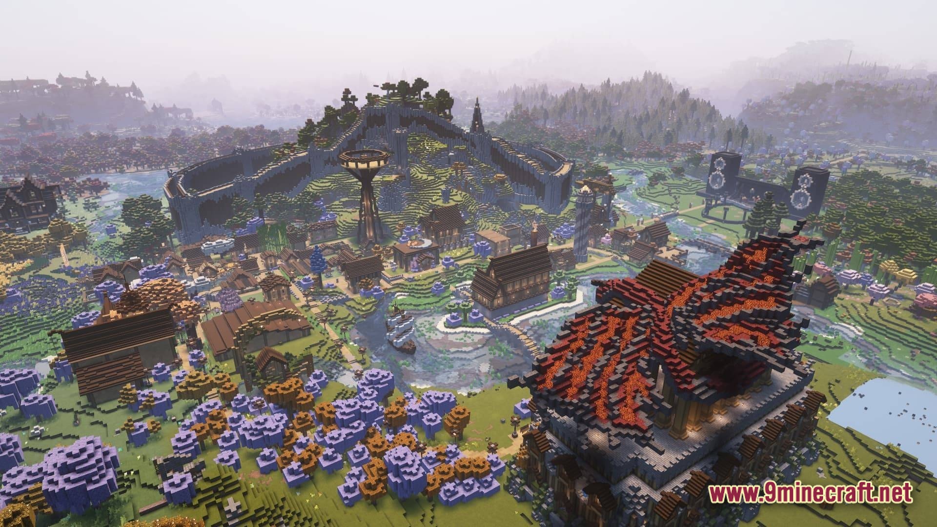 Better MC FORGE BMC4 Modpack Screenshot 8 An expansive medieval village featuring custom houses, fortified walls, and a large dragon-themed building
