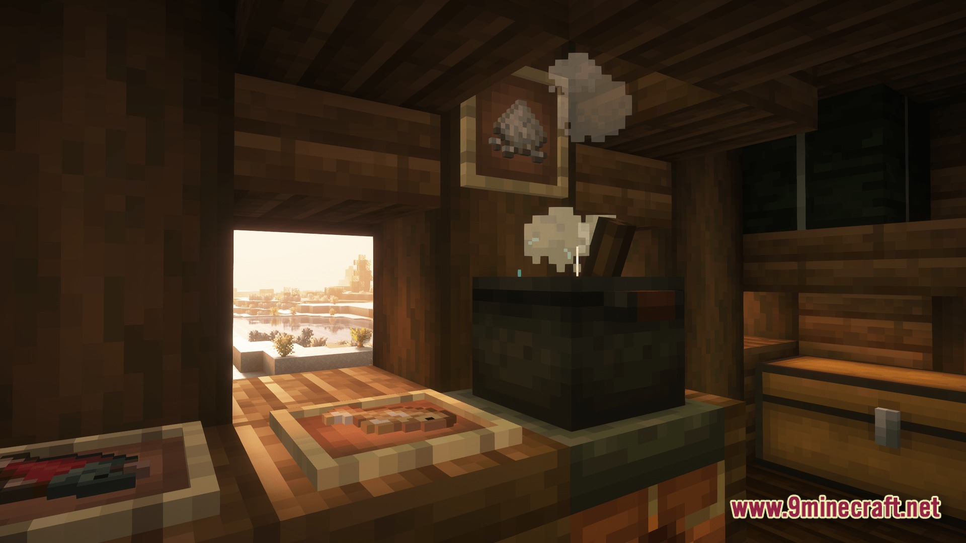 Better MC FORGE BMC4 Modpack Screenshot 9 A cooking pot emitting steam sits on a stove inside a rustic wooden kitchen interior