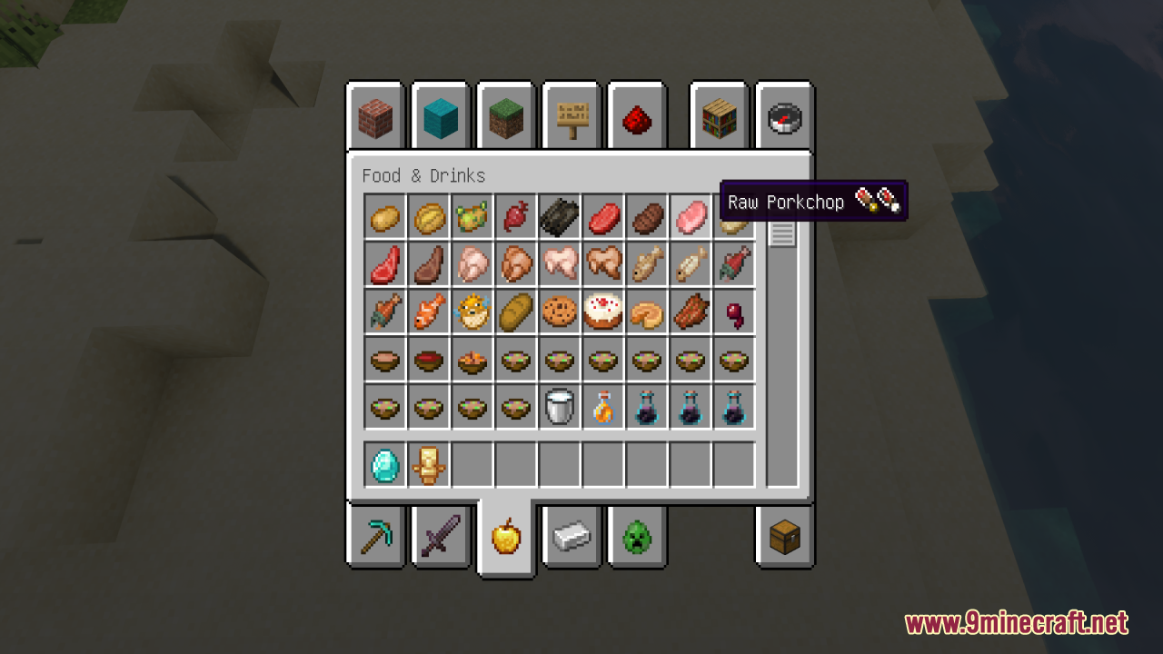 Better Minecraft Vanilla Items and Textures Resource Pack Screenshot 10 Inventory tooltip displays hunger and saturation values for raw porkchop item
