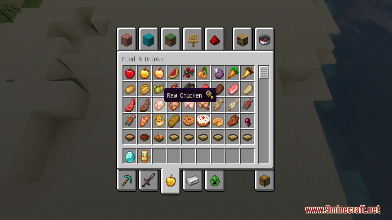 Better Minecraft Vanilla Items and Textures Resource Pack Screenshot 11 Minecraft inventory screen showing raw chicken with a hunger icon tooltip