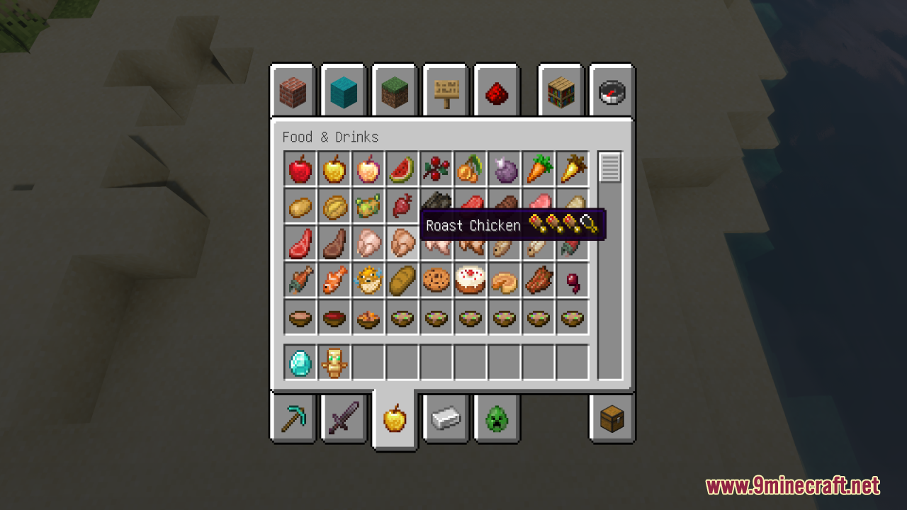 Better Minecraft Vanilla Items and Textures Resource Pack Screenshot 12 Minecraft inventory screen showing roast chicken with hunger and saturation icons
