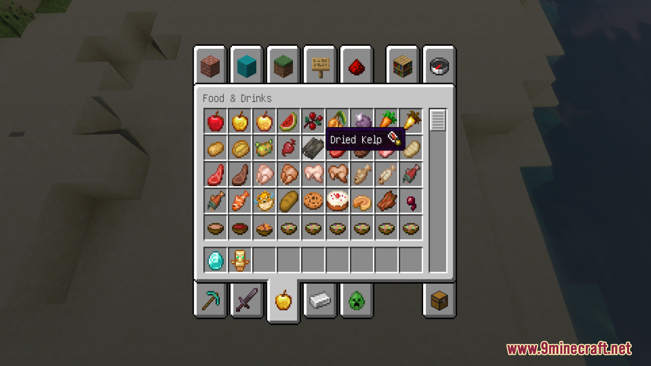 Better Minecraft Vanilla Items and Textures Resource Pack Screenshot 13 Minecraft food and drinks tab showing items with a tooltip for dried kelp