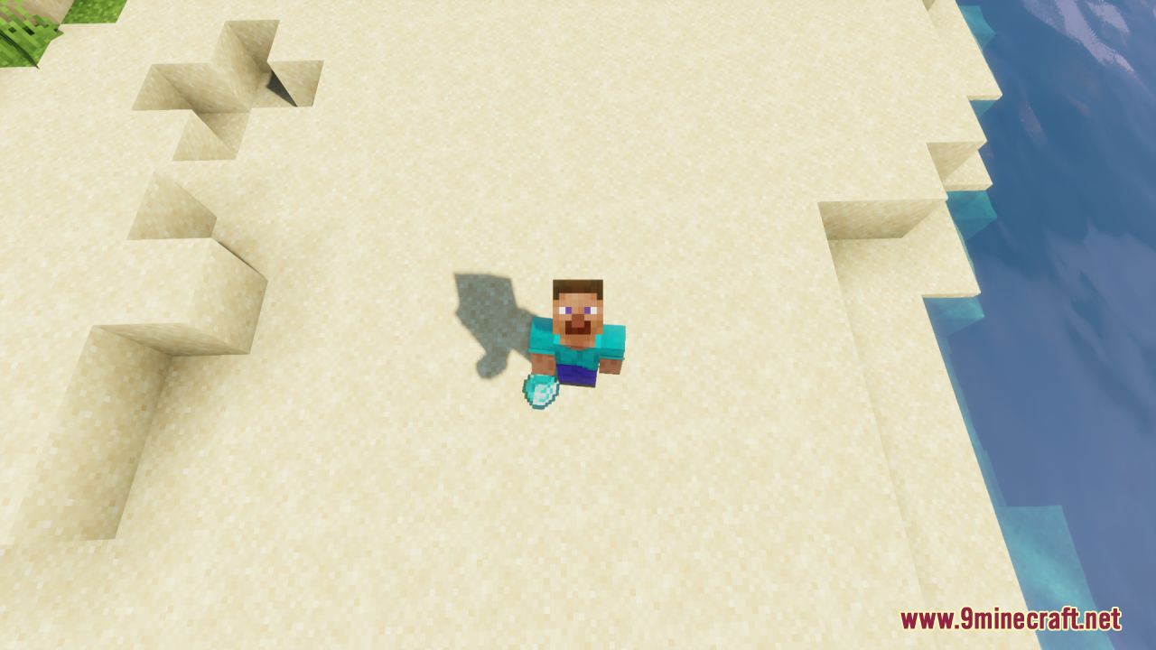 Better Minecraft Vanilla Items and Textures Resource Pack Screenshot 2 Steve character holding a diamond while standing on a sandy beach area