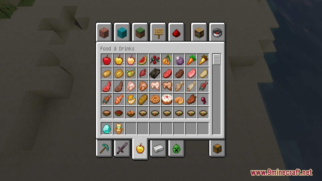 Better Minecraft Vanilla Items and Textures Resource Pack Screenshot 3 Minecraft creative inventory showing food items with refreshed vanilla textures and icons
