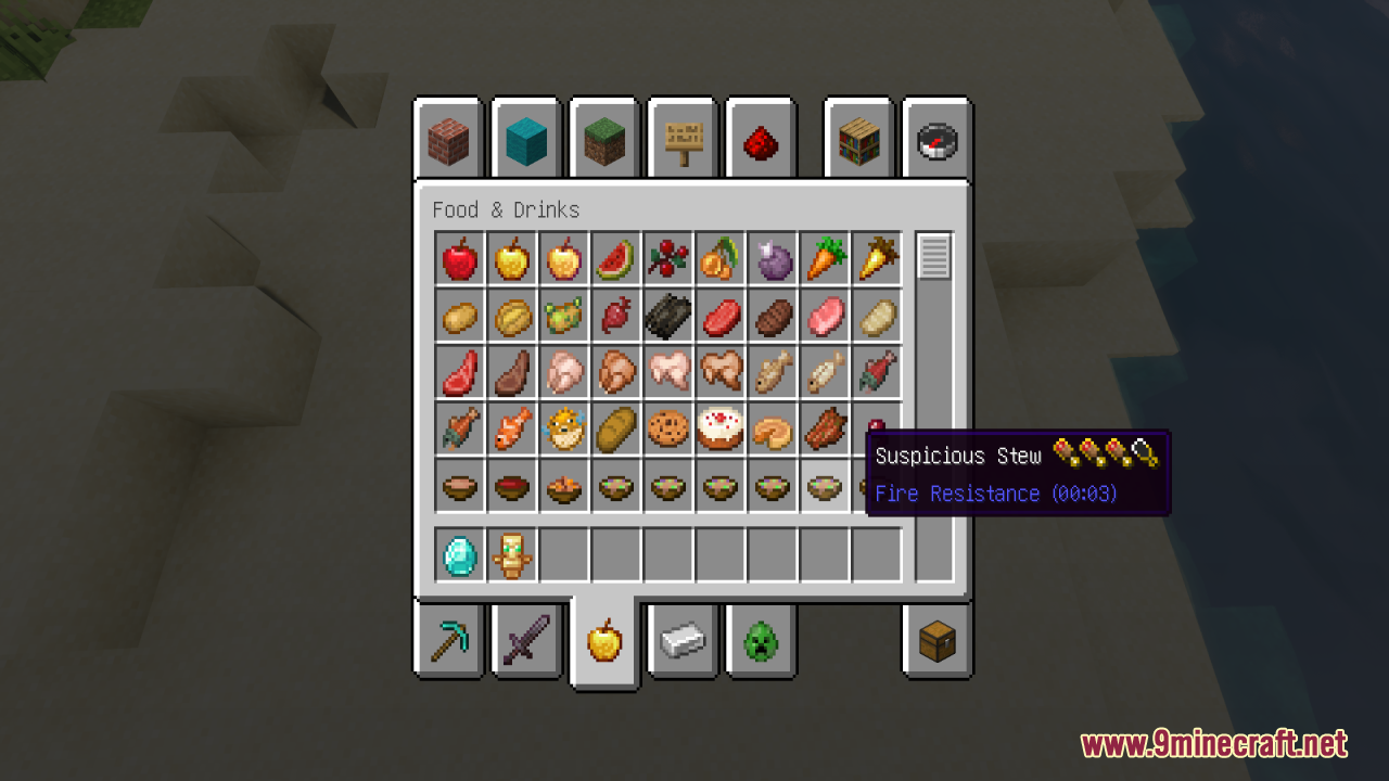 Better Minecraft Vanilla Items and Textures Resource Pack Screenshot 4 Hovering over suspicious stew shows food saturation and fire resistance status effect