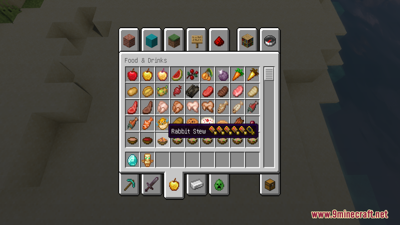 Better Minecraft Vanilla Items and Textures Resource Pack Screenshot 5 Hovering over rabbit stew displays hunger and saturation stats in the inventory