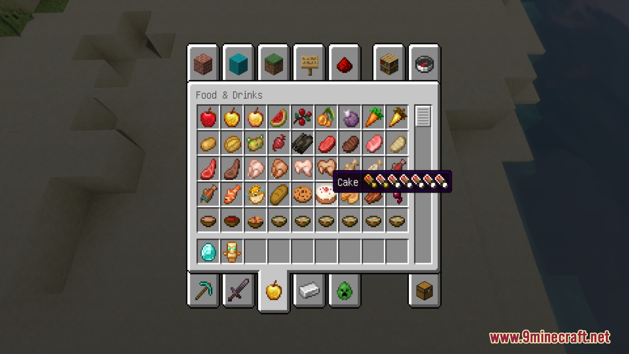 Better Minecraft Vanilla Items and Textures Resource Pack Screenshot 6 The cake item tooltip shows detailed food and saturation values in the menu