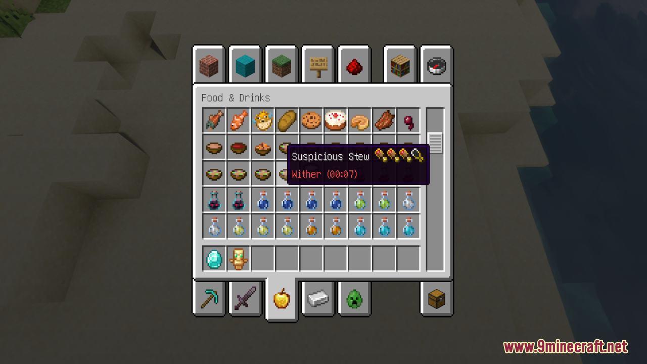 Better Minecraft Vanilla Items and Textures Resource Pack Screenshot 8 The suspicious stew tooltip shows the wither effect and food saturation details