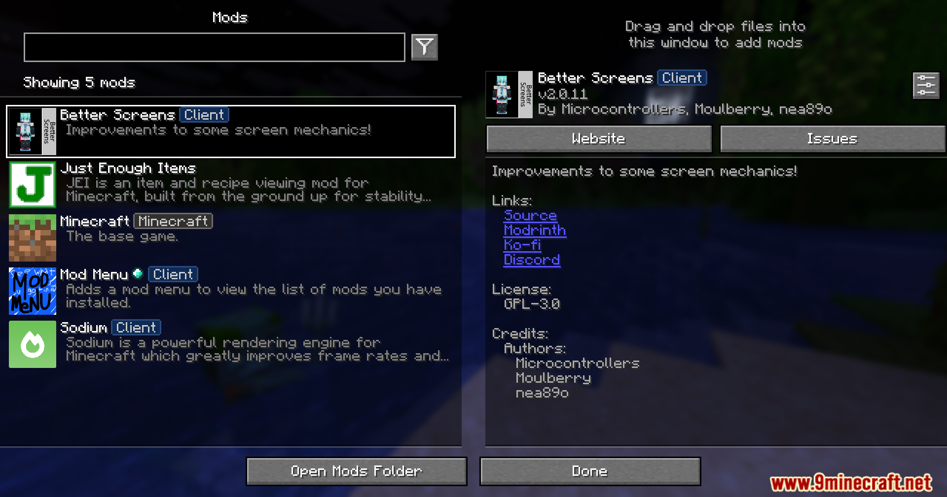 Better Screens Mod Screenshot 1 Mod menu interface displaying details for the Better Screens mod