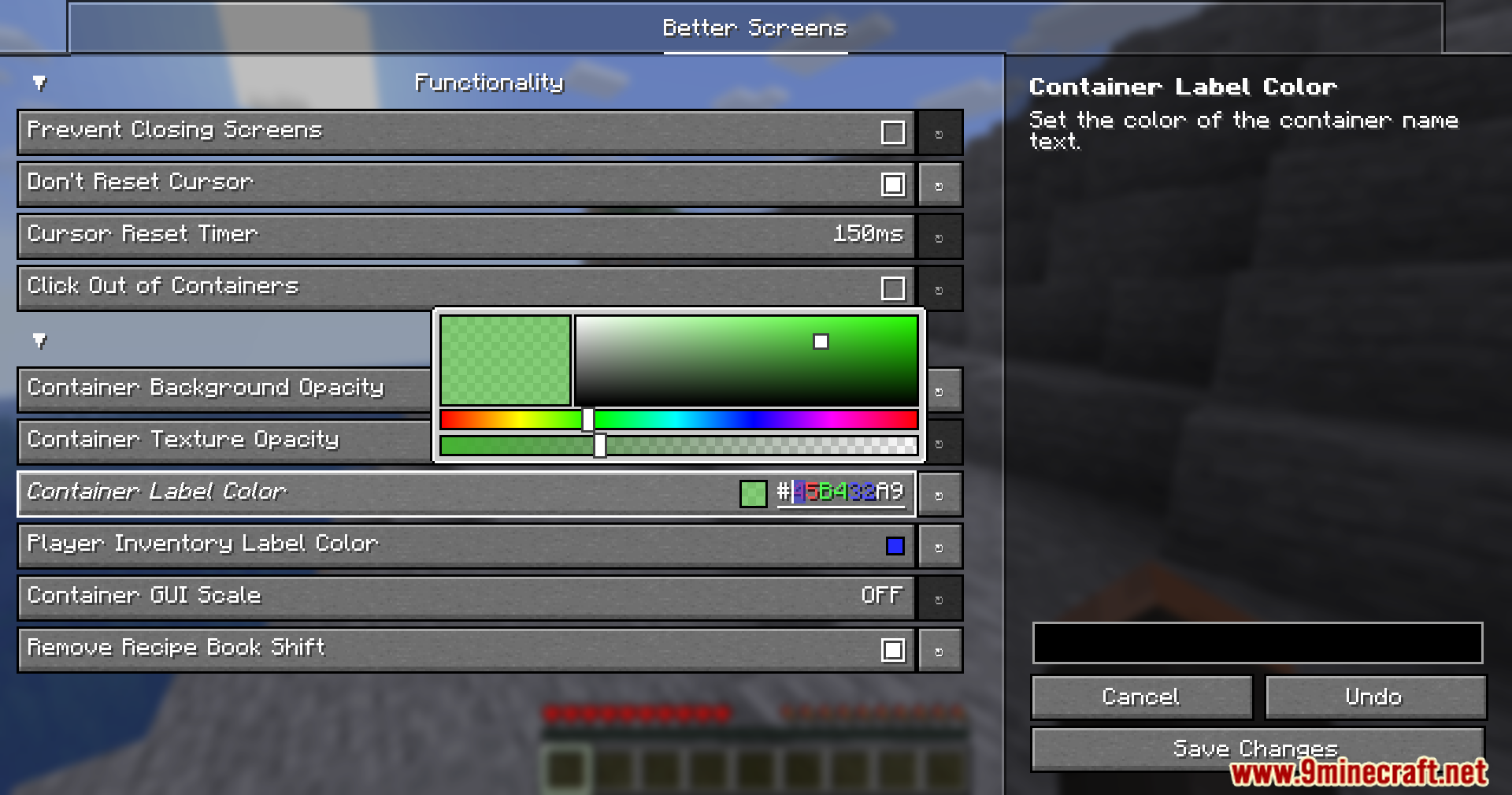 Better Screens Mod Screenshot 10 Selecting a new green color for the container label in the settings