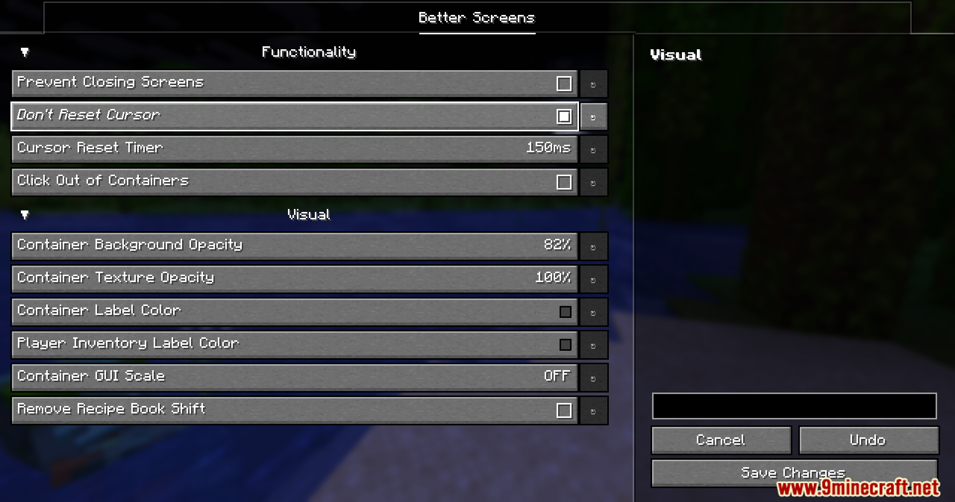 Better Screens Mod Screenshot 2 Configuration screen showing various functionality and visual settings for a mod