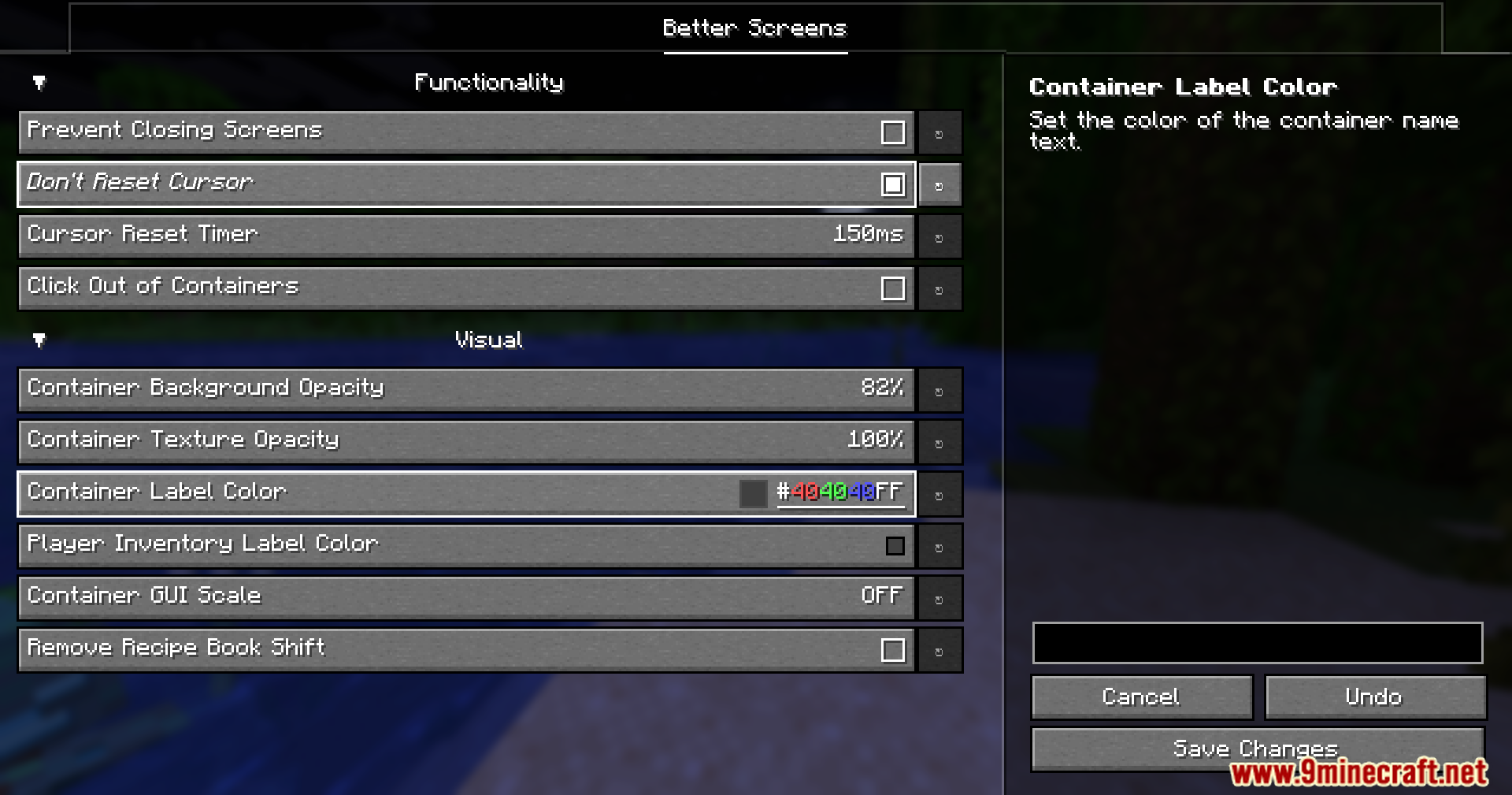 Better Screens Mod Screenshot 3 The Better Screens menu showing options for container label color customization