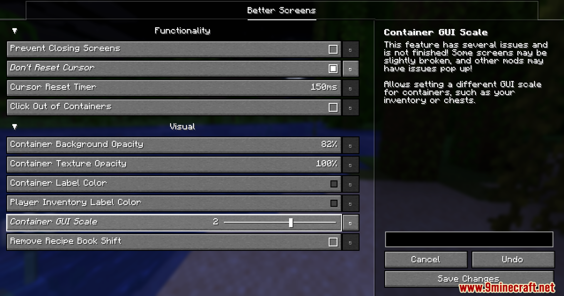 Better Screens Mod Screenshot 4 A Minecraft settings menu showing a slider to adjust container GUI scale