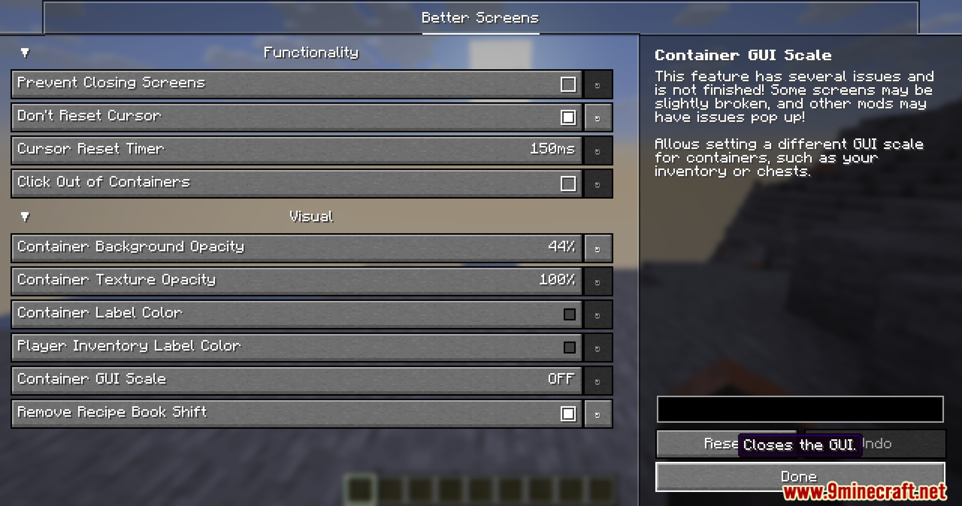 Better Screens Mod Screenshot 7 Configuration menu for a mod that allows players to customize screen functionality