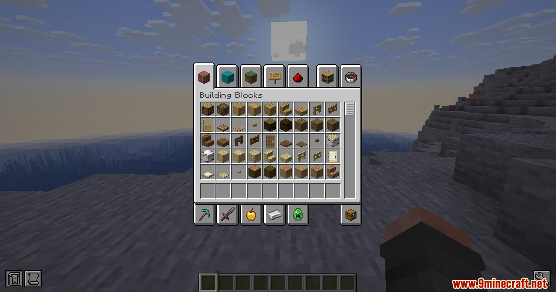 Better Screens Mod Screenshot 8 Minecraft creative inventory menu with a transparent background over a mountain landscape