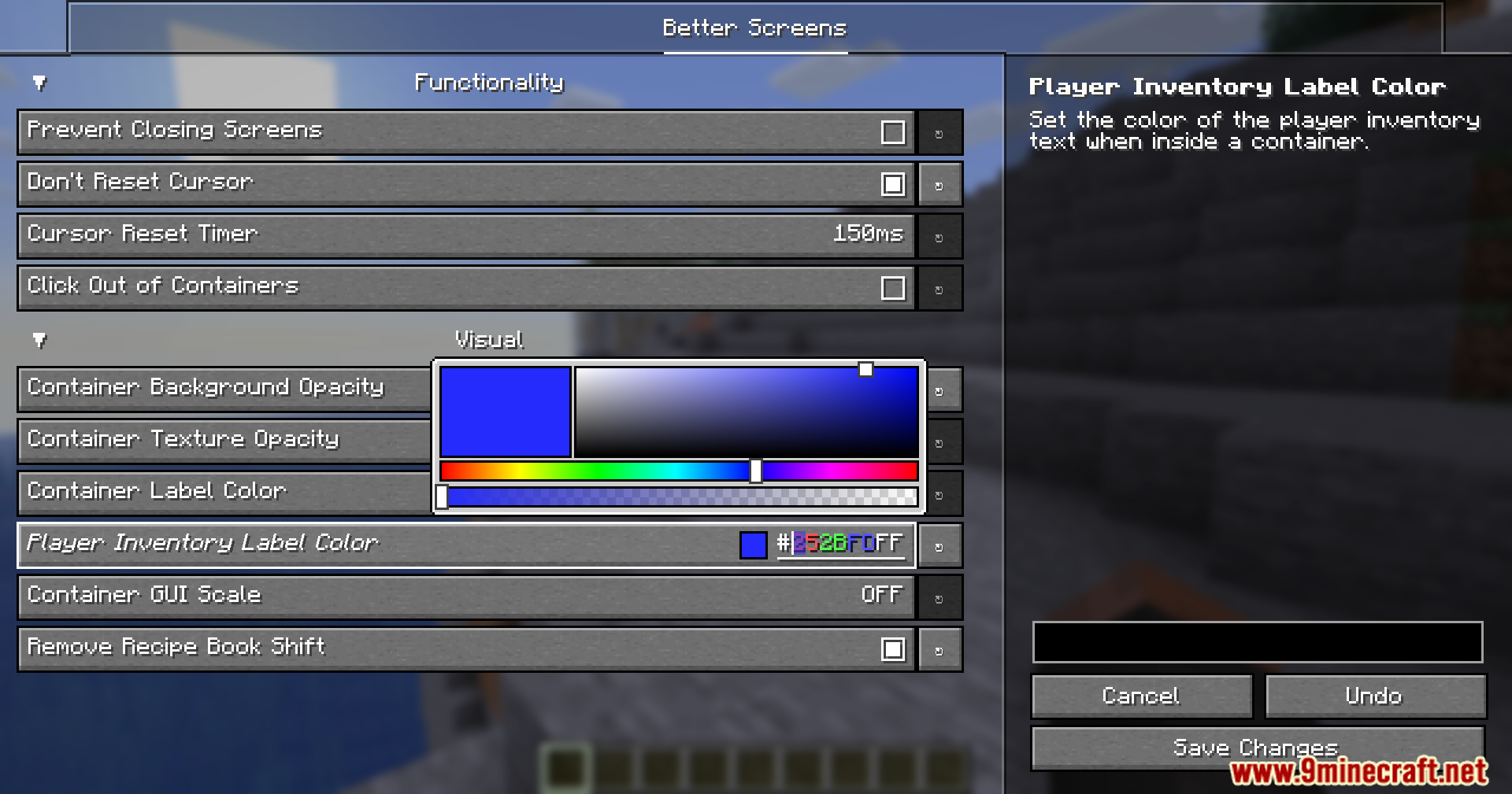 Better Screens Mod Screenshot 9 Adjusting the player inventory label color using a blue color picker tool