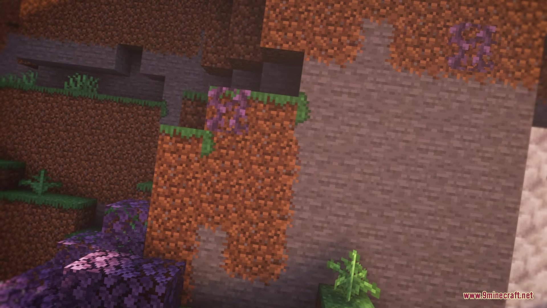 Better Vanilla Building Overlays Resource Pack Screenshot 1 Natural terrain edges blending dirt and stone blocks near purple flowers