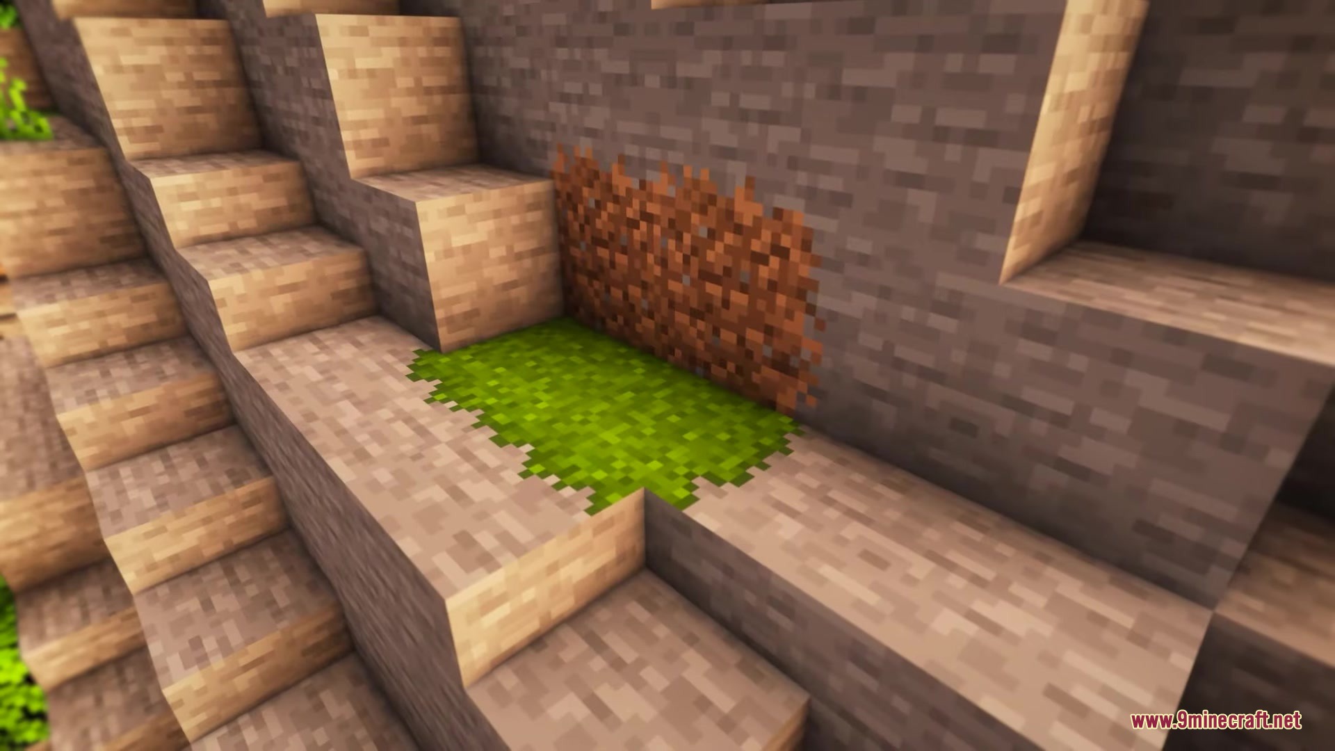 Better Vanilla Building Overlays Resource Pack Screenshot 5 Natural terrain overlays blending green grass and brown dirt onto stone blocks