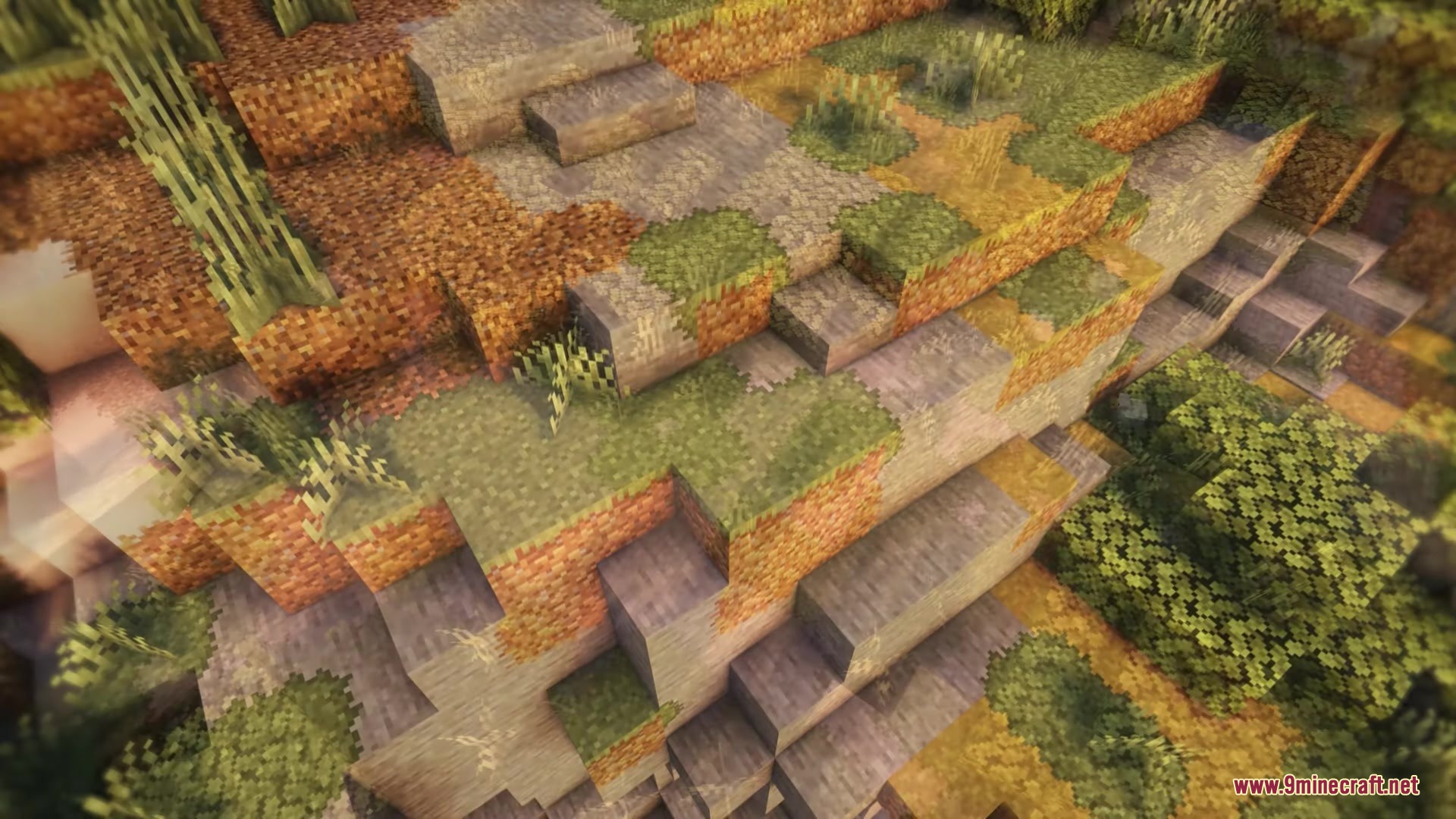 Better Vanilla Building Overlays Resource Pack Screenshot 6 A scenic Minecraft landscape with smooth transitions between various terrain block types