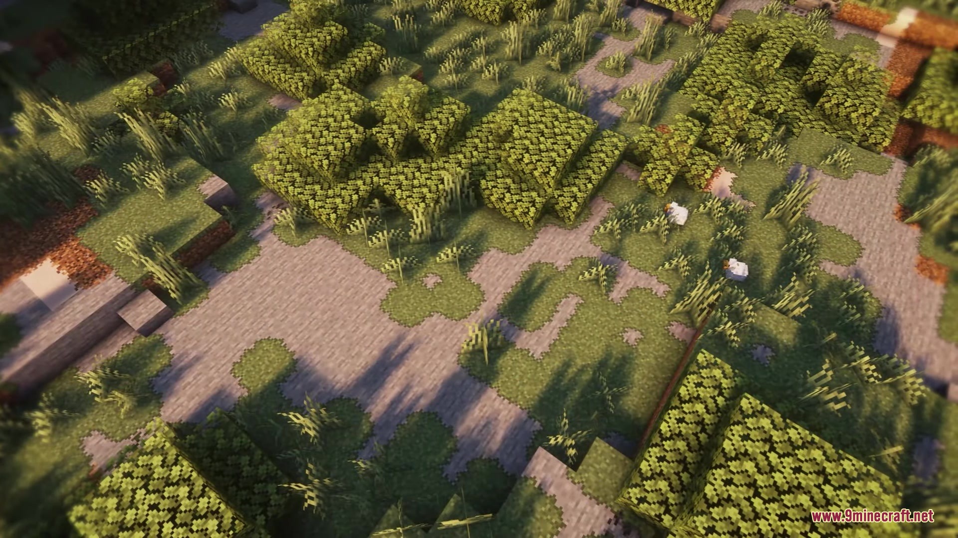Better Vanilla Building Overlays Resource Pack Screenshot 7 A top down view of Minecraft terrain with smooth grass and dirt overlays