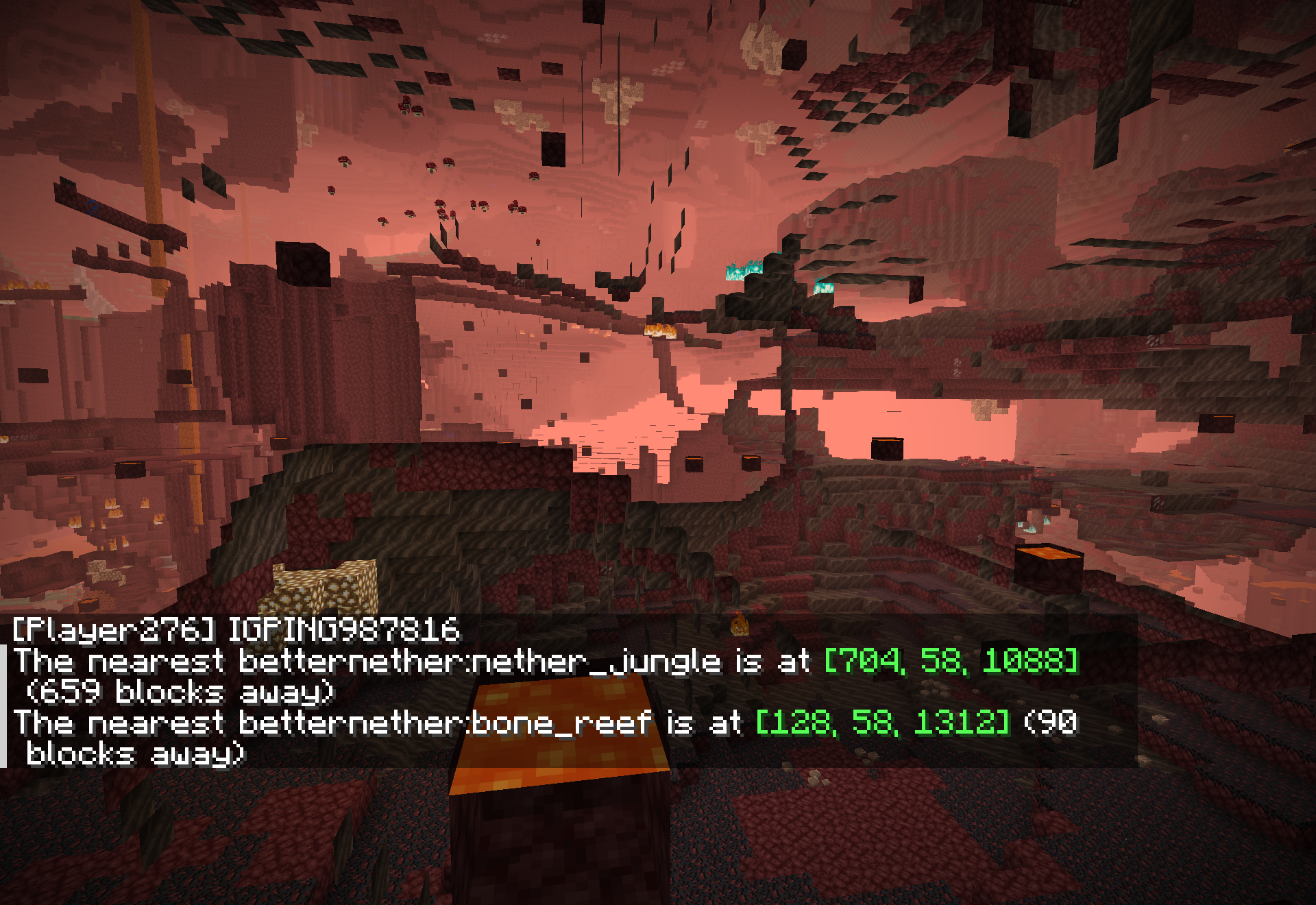 In-game chat showing /locate biome results for the mod's nether biomes - the nearest nether jungle and bone reef are found at real coordinates, proof the new biomes are generating in the world.