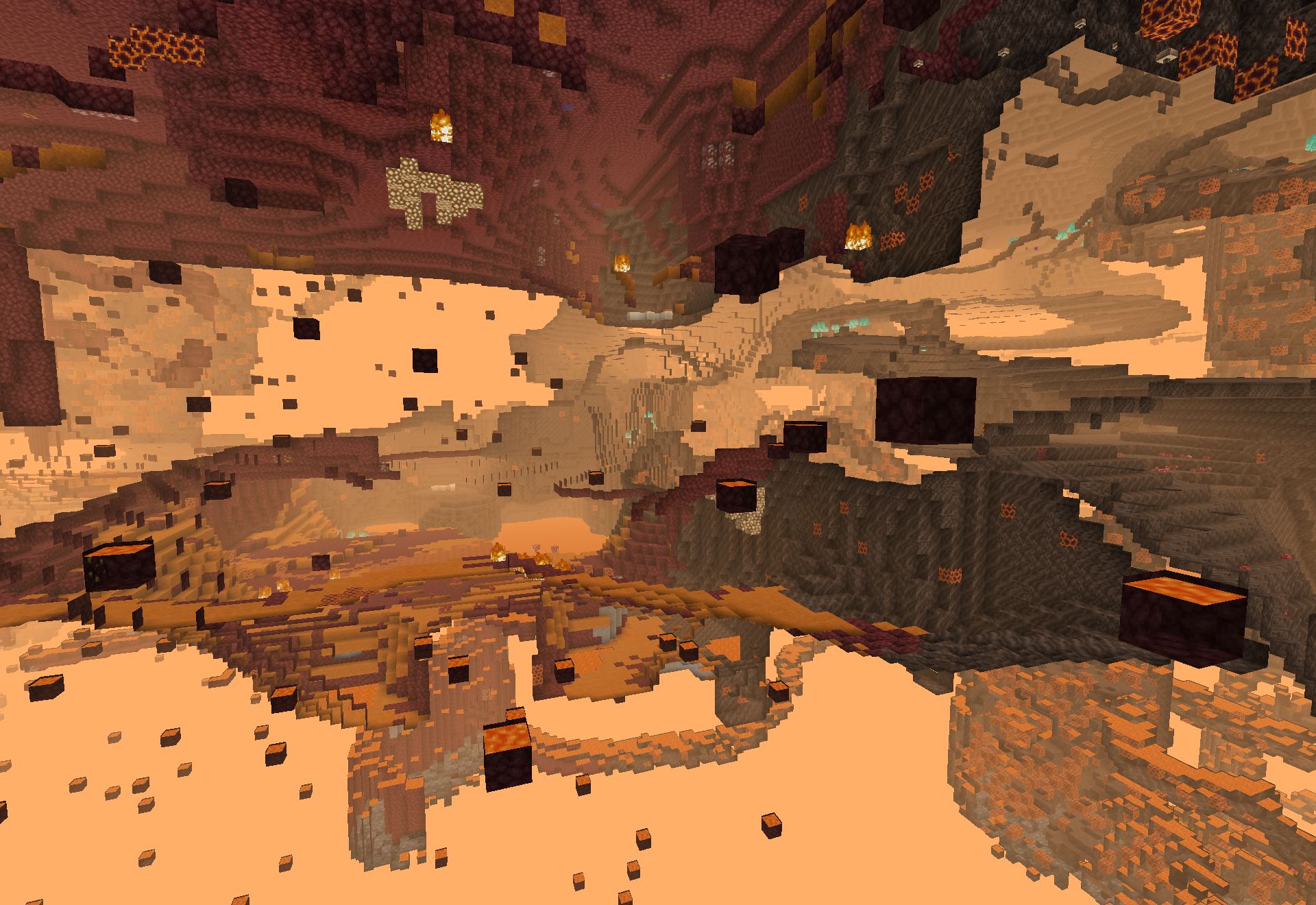 The magma land biome - orange-lit caverns of sand and gravel dotted with lava blocks and scattered fires.