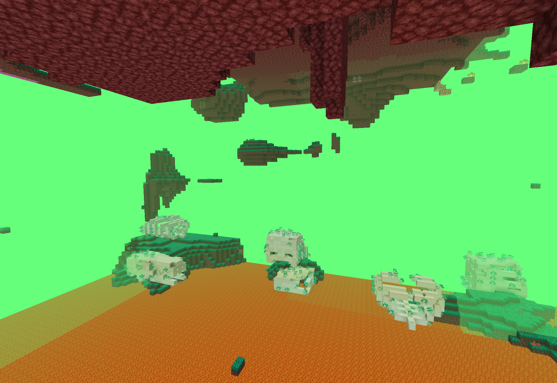 The nether jungle biome under its green haze, with giant bone skulls and rib remains lying between patches of jungle growth.