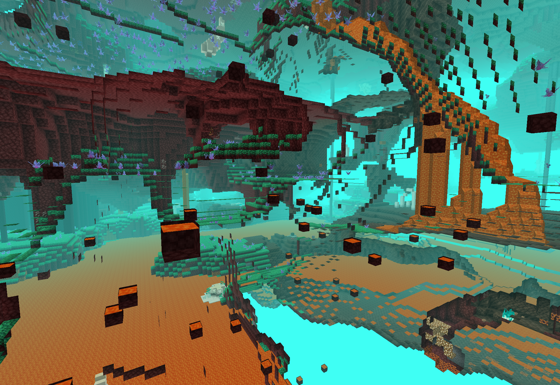 The bone reef biome - a turquoise haze over reef vegetation, exposed bone formations and orange terracotta cliffs.
