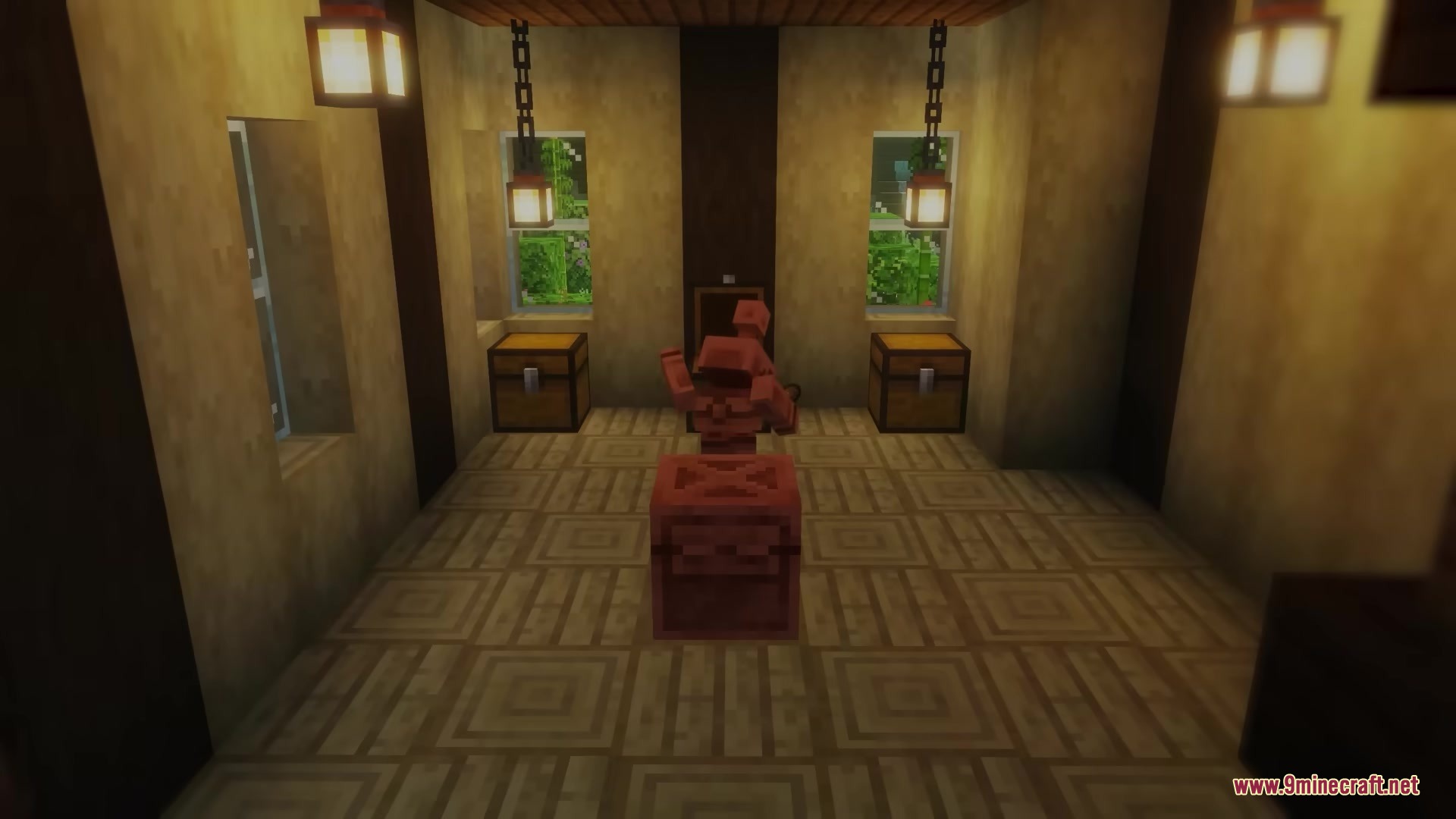 Bettercoppergolem Mod Screenshot 1 A copper golem stands in a room with chests and hanging lanterns