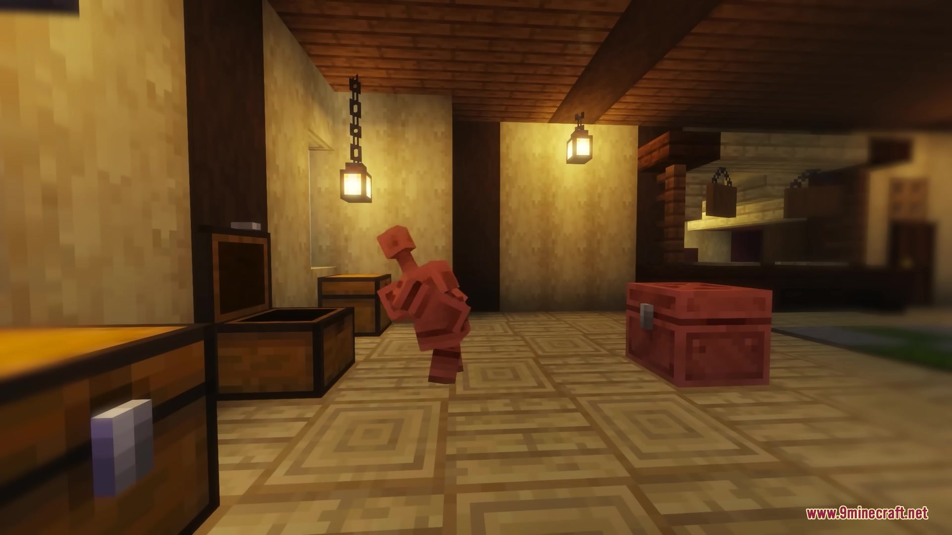 Bettercoppergolem Mod Screenshot 2 Copper golem interacting with an open chest in a cozy storage room