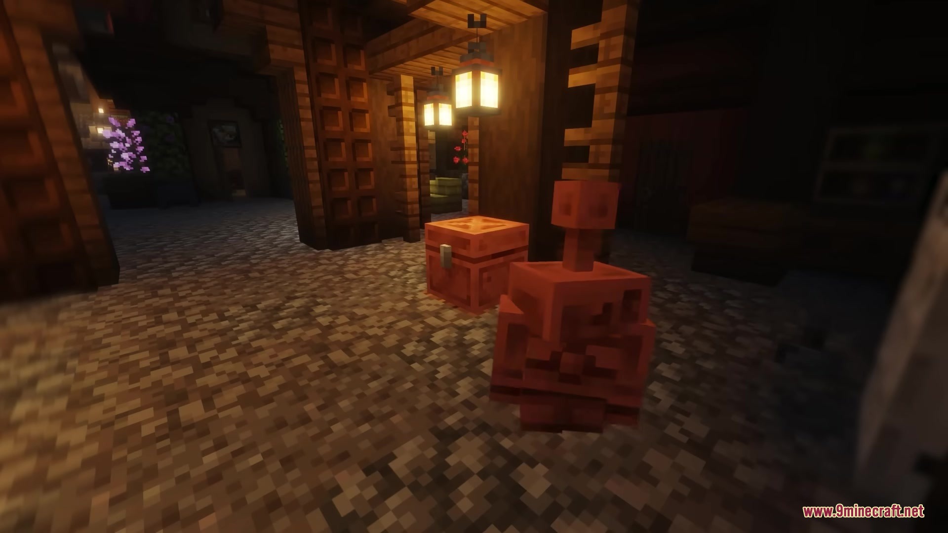 Bettercoppergolem Mod Screenshot 3 A small copper golem stands beside a copper chest under hanging lanterns