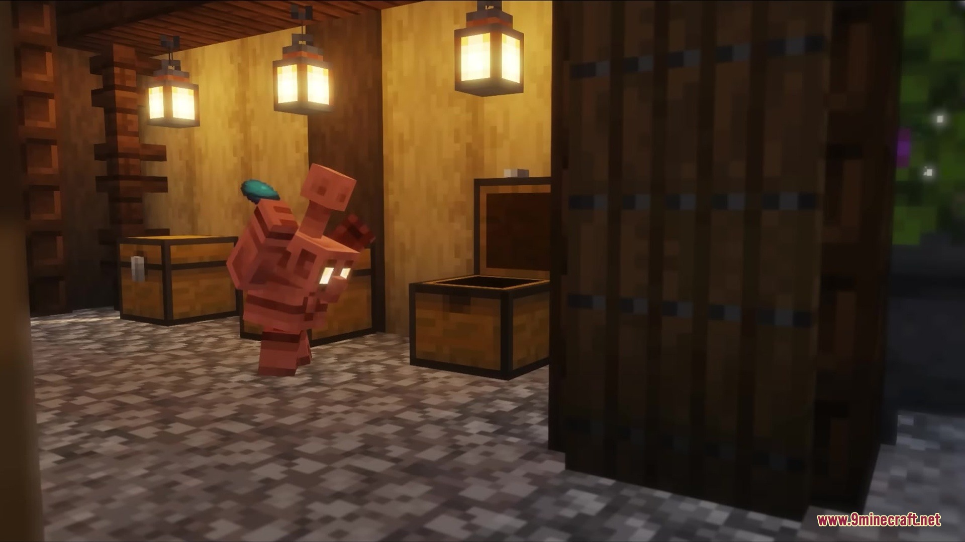 Bettercoppergolem Mod Screenshot 5 A copper golem helper moving items between chests in a storage room