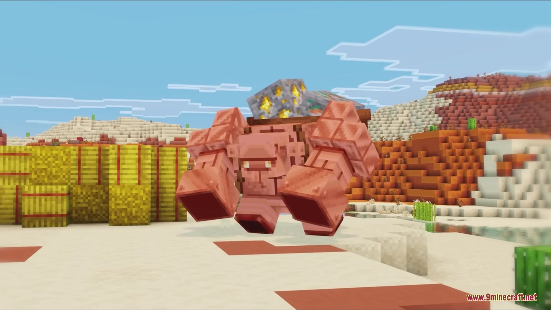 Bettercoppergolem Mod Screenshot 6 Copper golem carrying gold ore blocks on its back through the desert