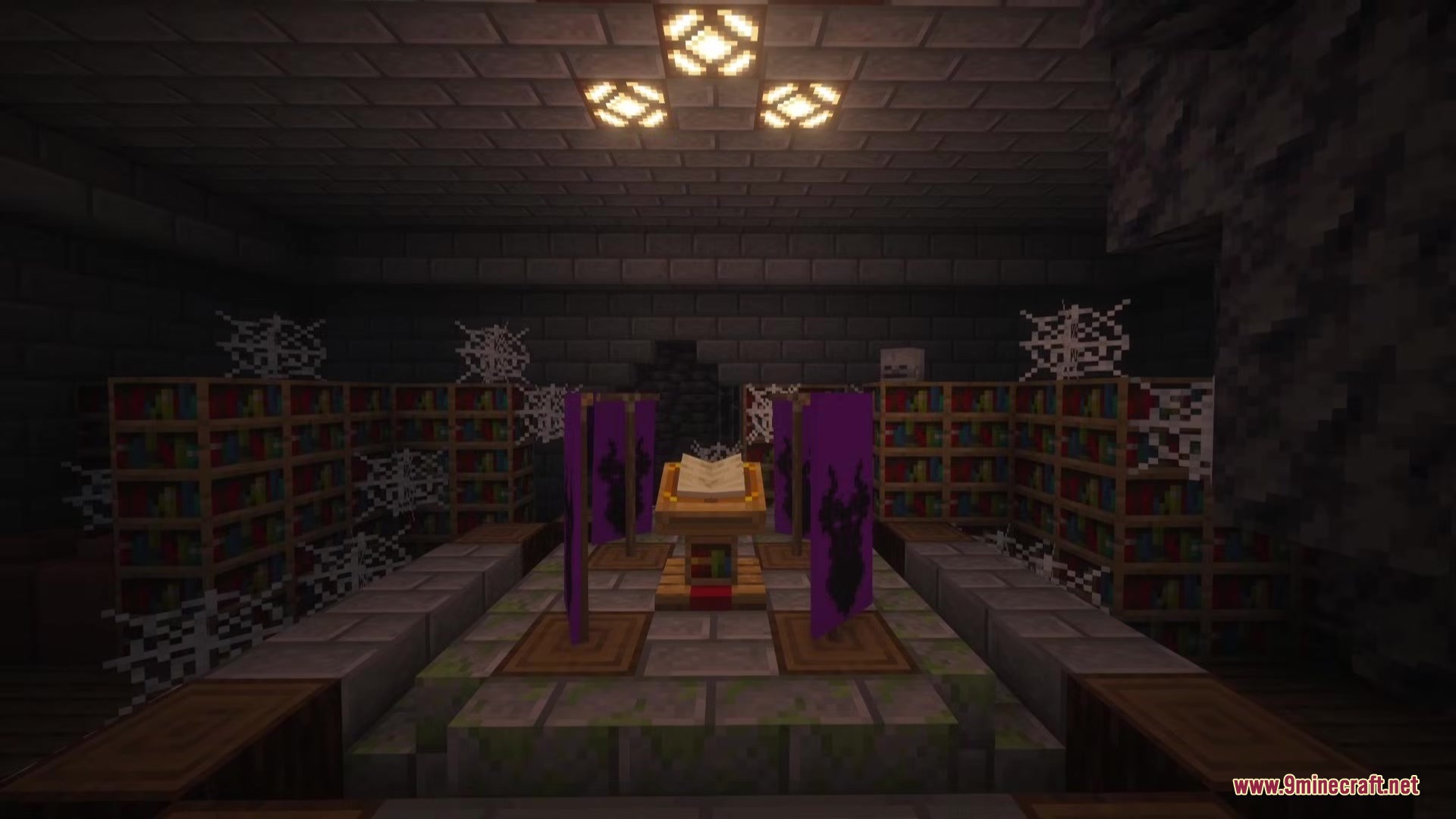 Beyond Bosses 2 Mod Screenshot 1 A dark library room with bookshelves and purple banners in a stronghold