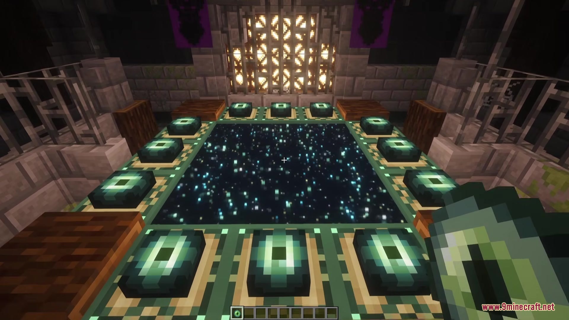 Beyond Bosses 2 Mod Screenshot 2 An activated End Portal glowing with stars inside a large stone room