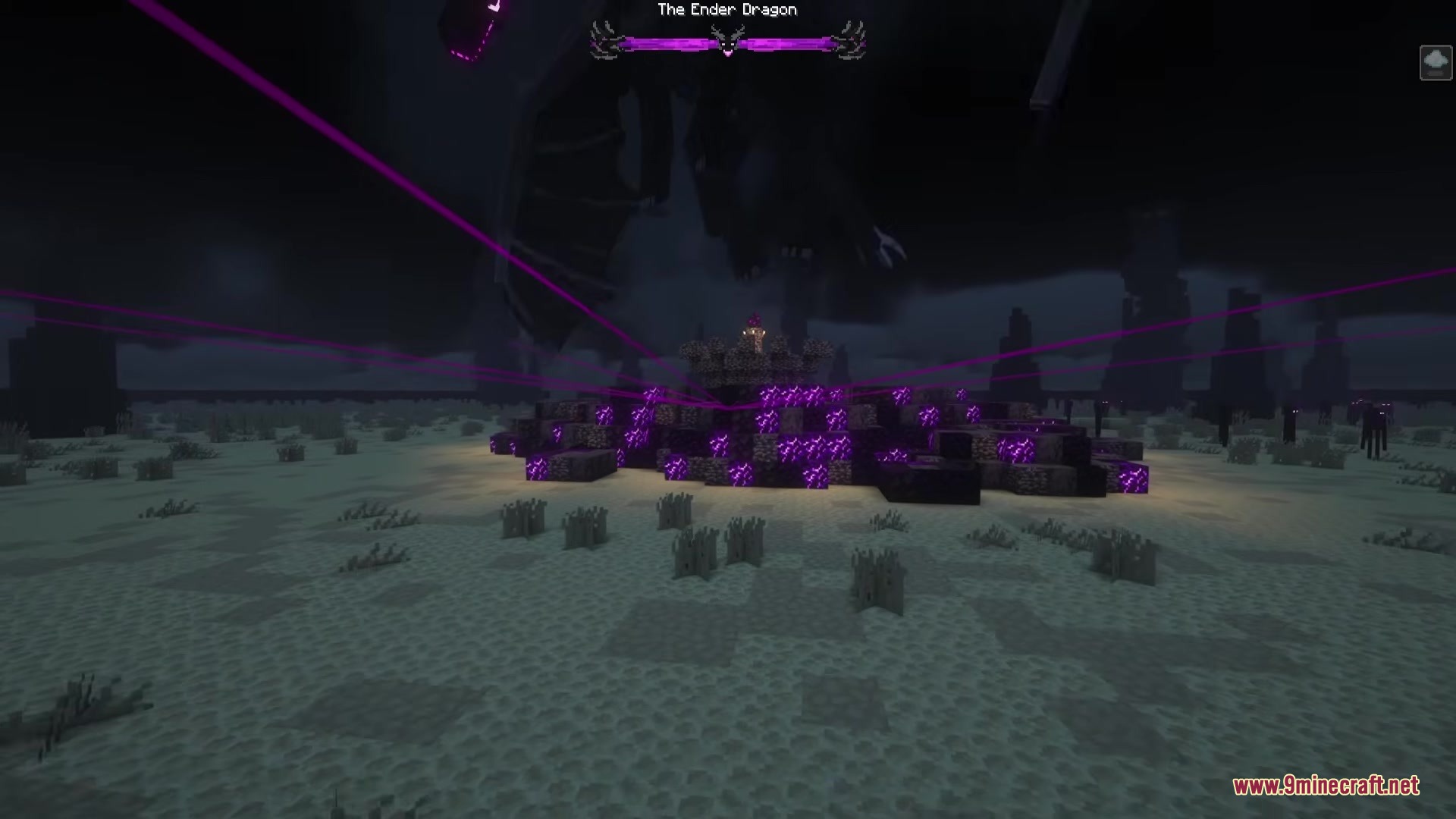 Beyond Bosses 2 Mod Screenshot 3 The Ender Dragon boss fight features a central structure with glowing purple crystals