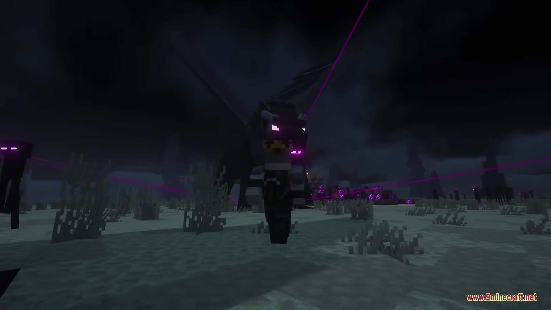 Beyond Bosses 2 Mod Screenshot 4 The Ender Dragon flies through the dark sky with glowing purple eyes and wings