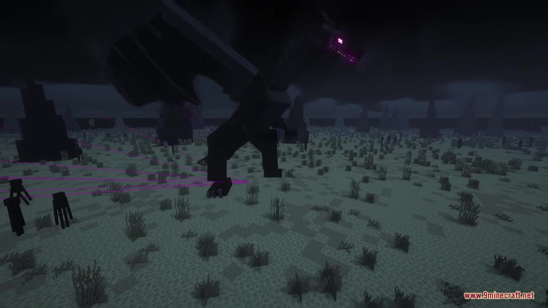 Beyond Bosses 2 Mod Screenshot 5 A massive Ender Dragon stands on the ground in the dark End dimension