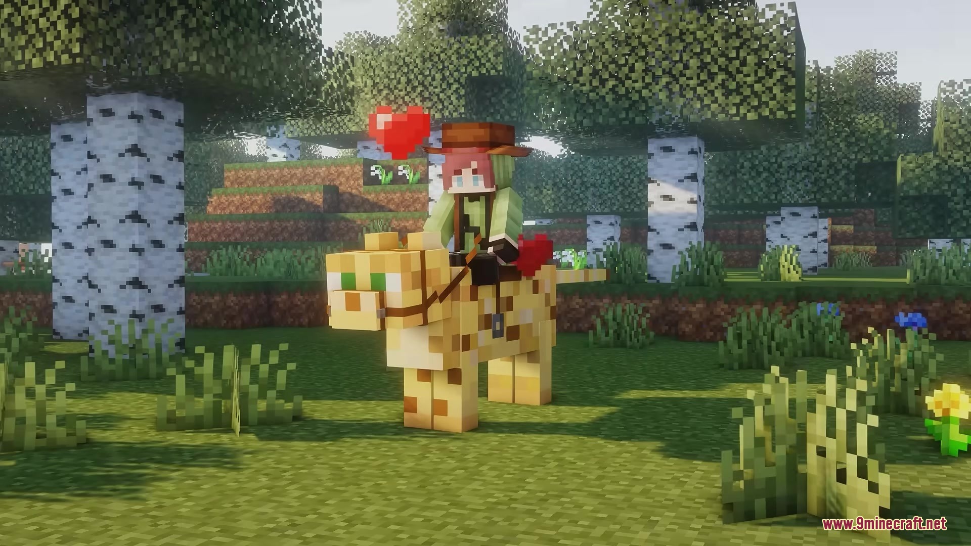 Beyond Horses Resource Pack Screenshot 2 A character riding a giant ocelot through a birch forest with hearts