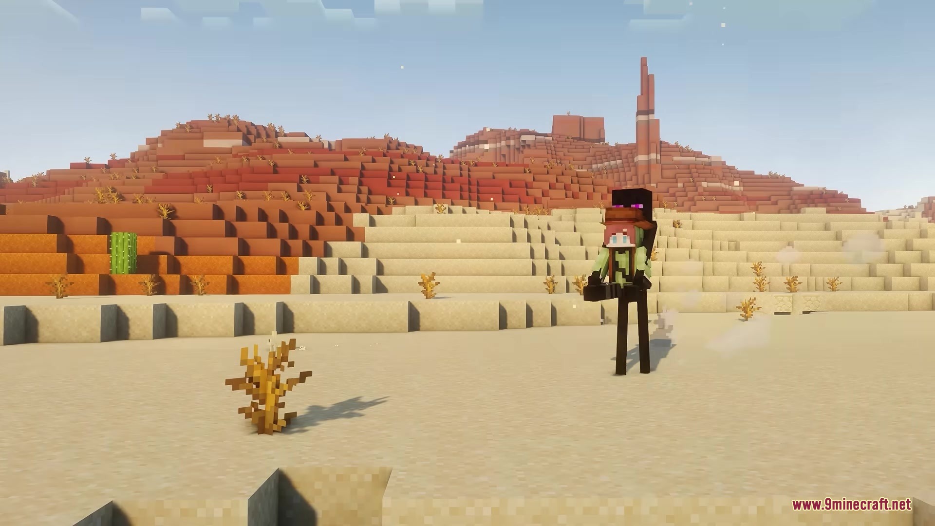 Beyond Horses Resource Pack Screenshot 3 A player character rides an Enderman through a desert with mesa mountains