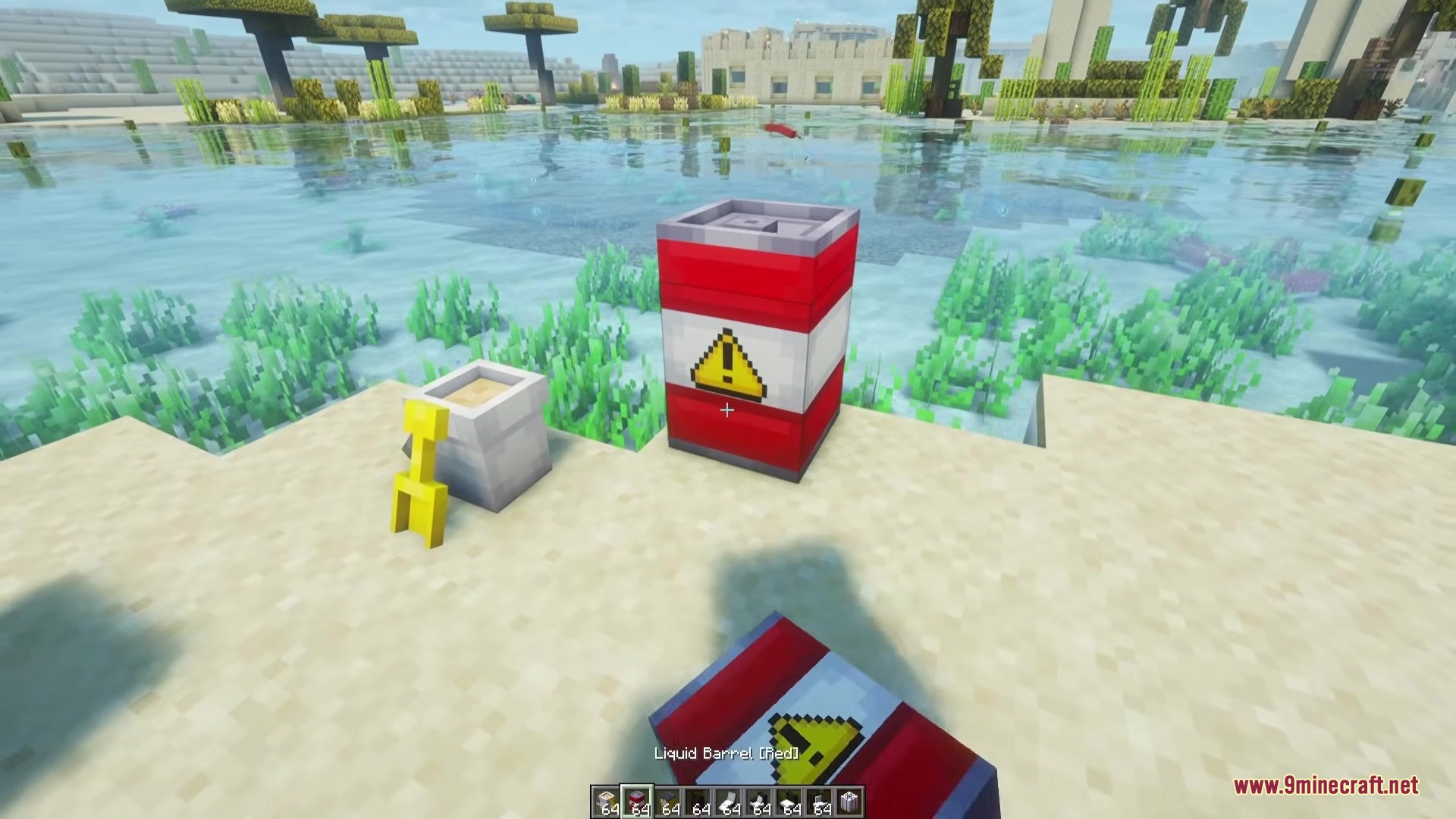 Beyond Outdoors Mod Screenshot 6 A red liquid barrel and a sand bucket on the beach