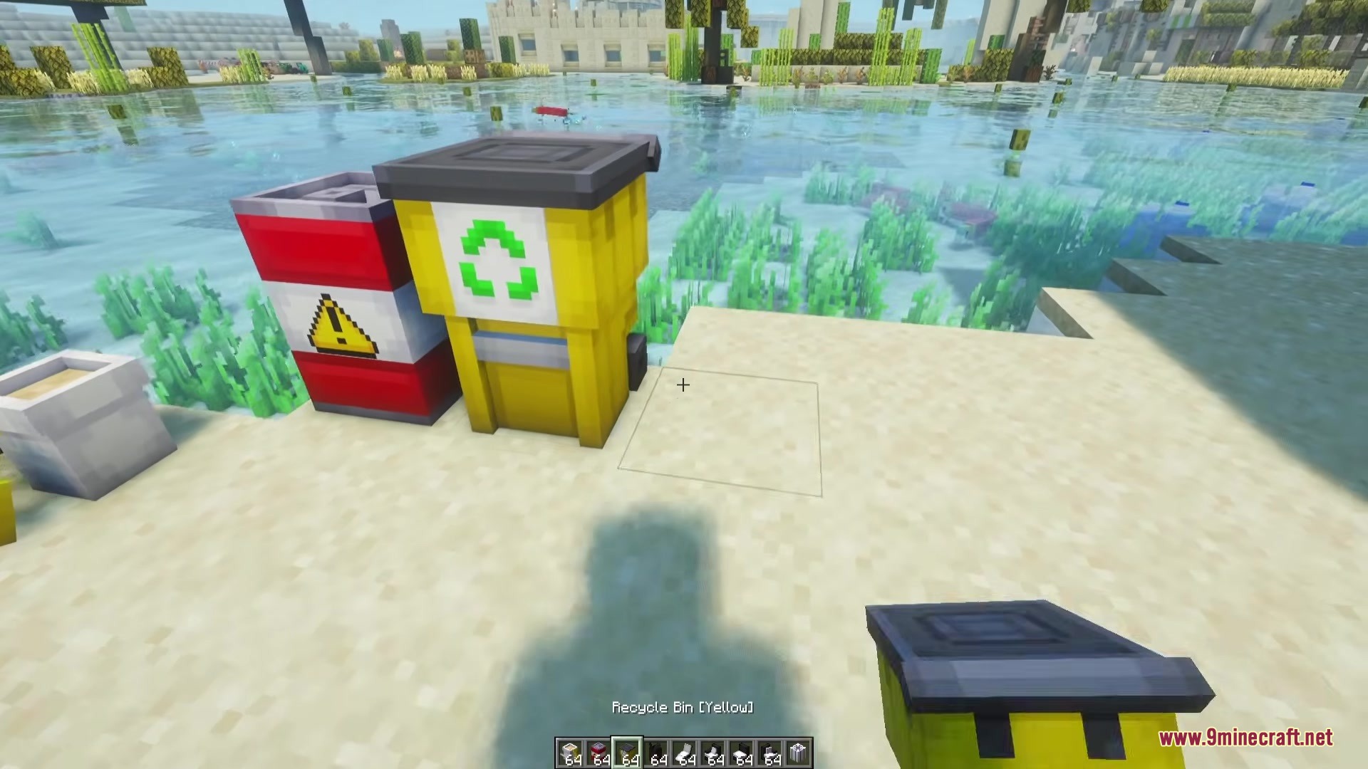Beyond Outdoors Mod Screenshot 7 Yellow recycle bins from the Beyond Outdoors Mod placed on a sandy beach