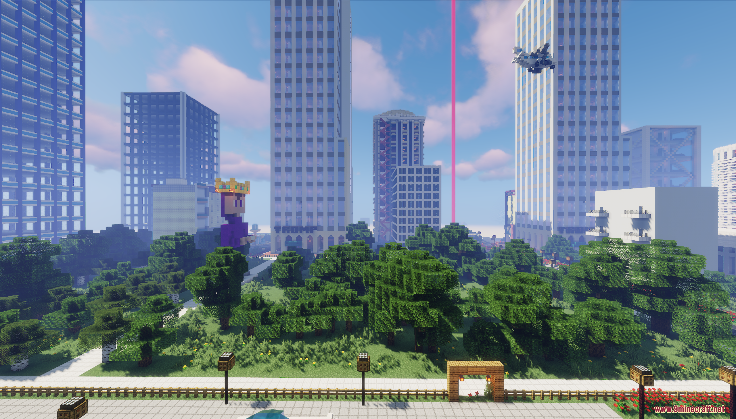 Tall skyscrapers overlook a green park with a purple statue and flying vehicle