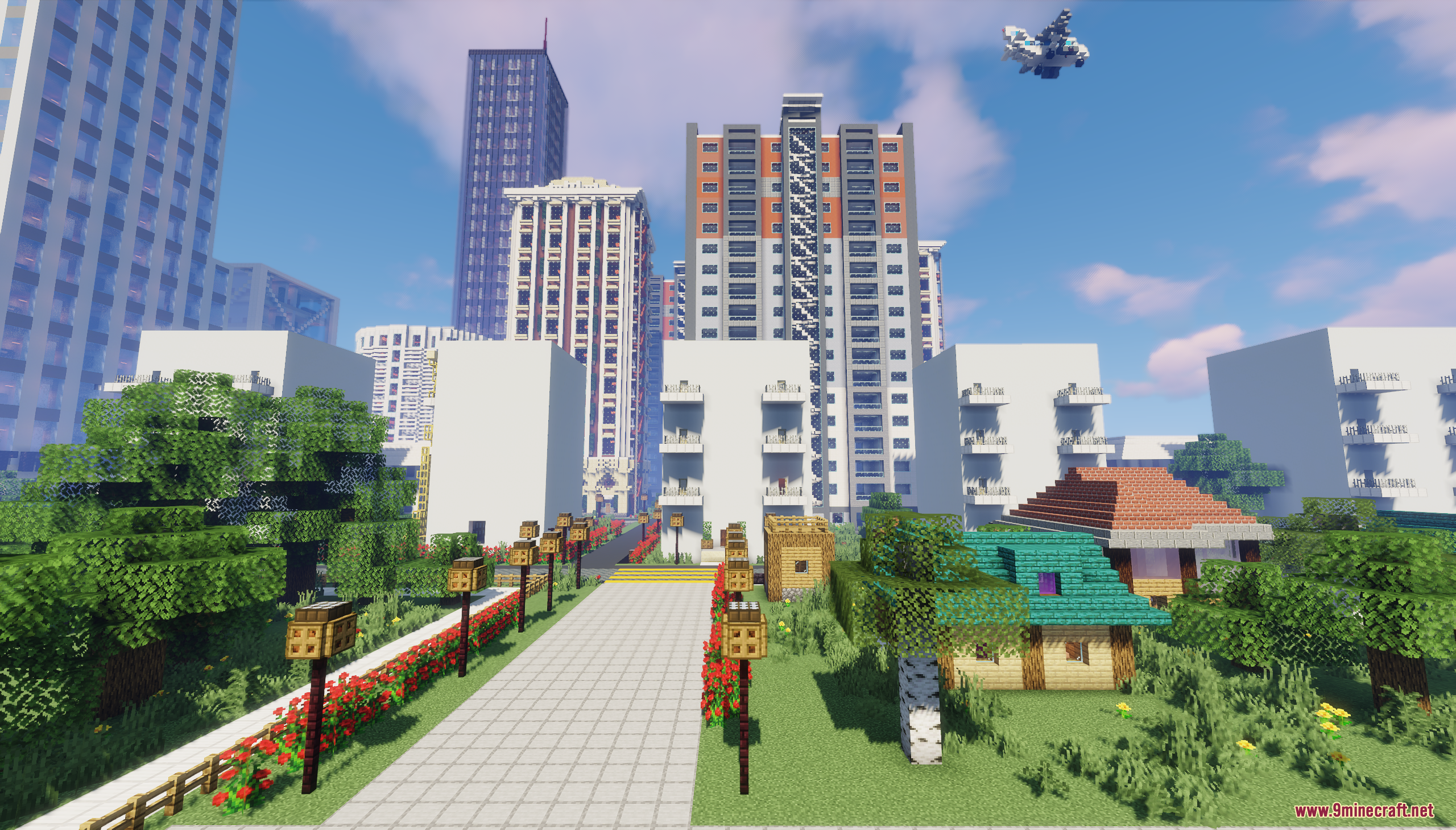 A paved walkway lined with flowers leads toward modern skyscrapers and a flying vehicle
