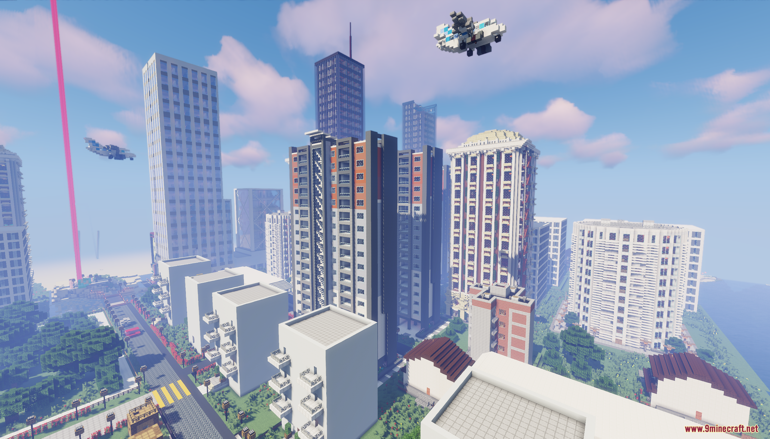 A pink beacon beam shines over the Big City of New Nordland Map