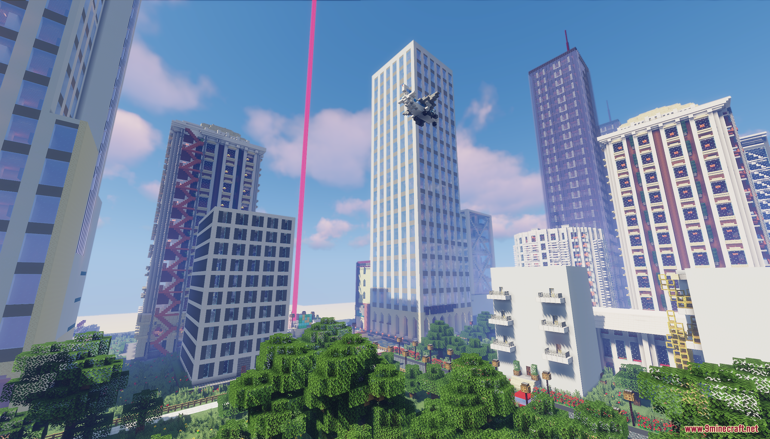 A small aircraft flies between tall skyscrapers in a bright urban city