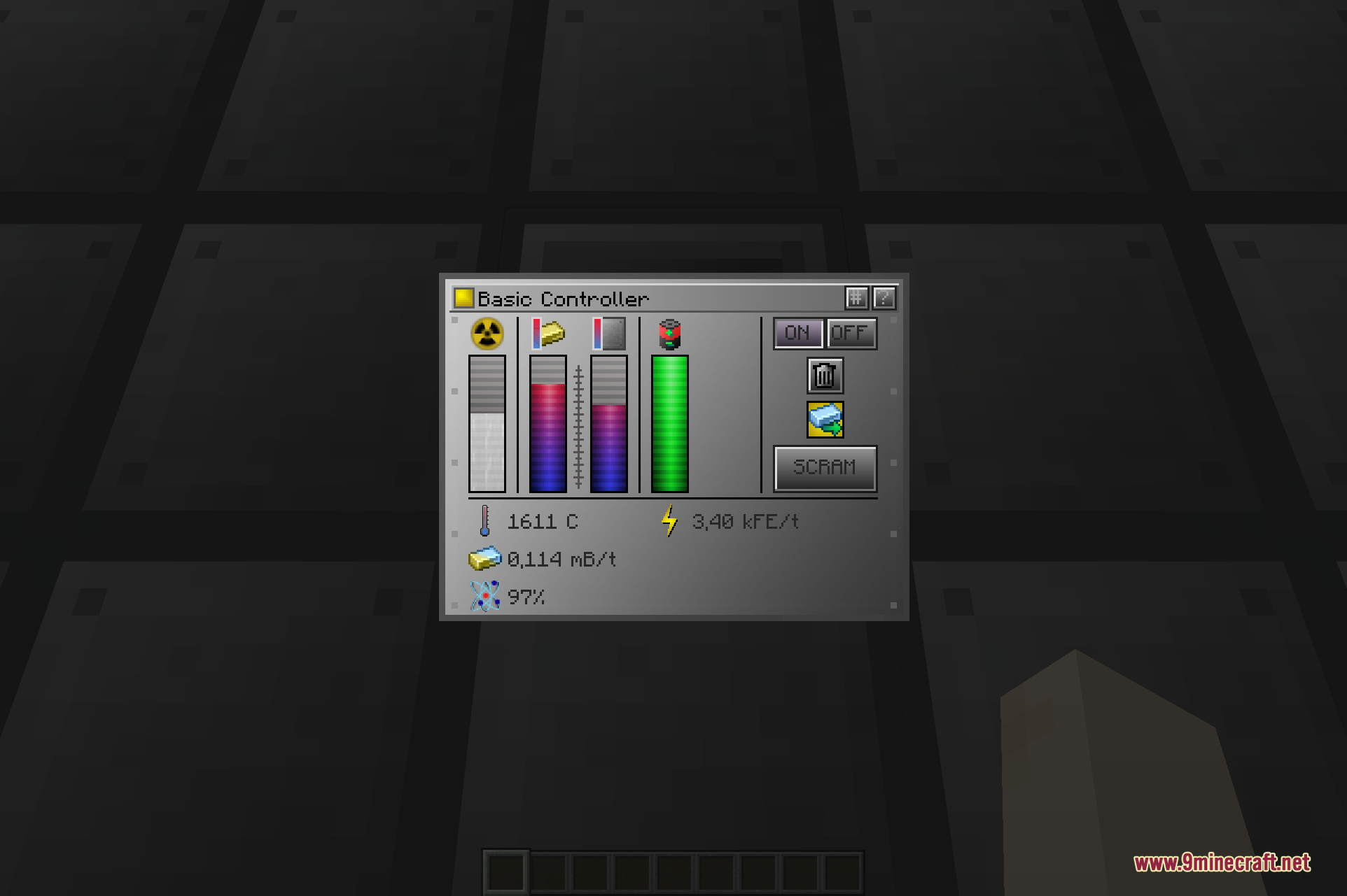 The Reactor Controller interface, with the fuel, heat, and internal energy-buffer gauges used to monitor the Reactor and adjust its control rods.